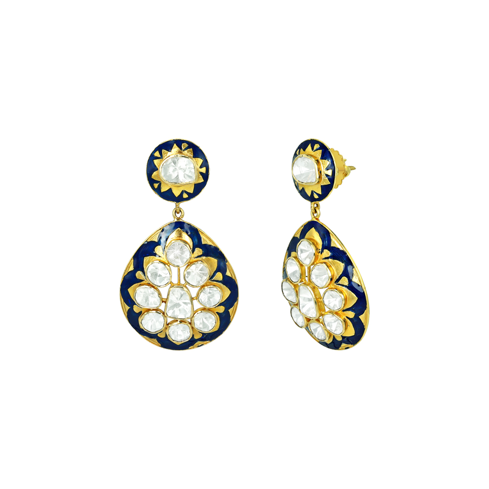 Navy Enamel Drop Earrings with Floral Polkis